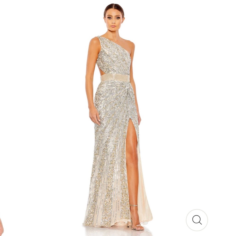 MAC DUGGAL SEQUINED ONE SHOULDER DRAPED LACE UP GOWN